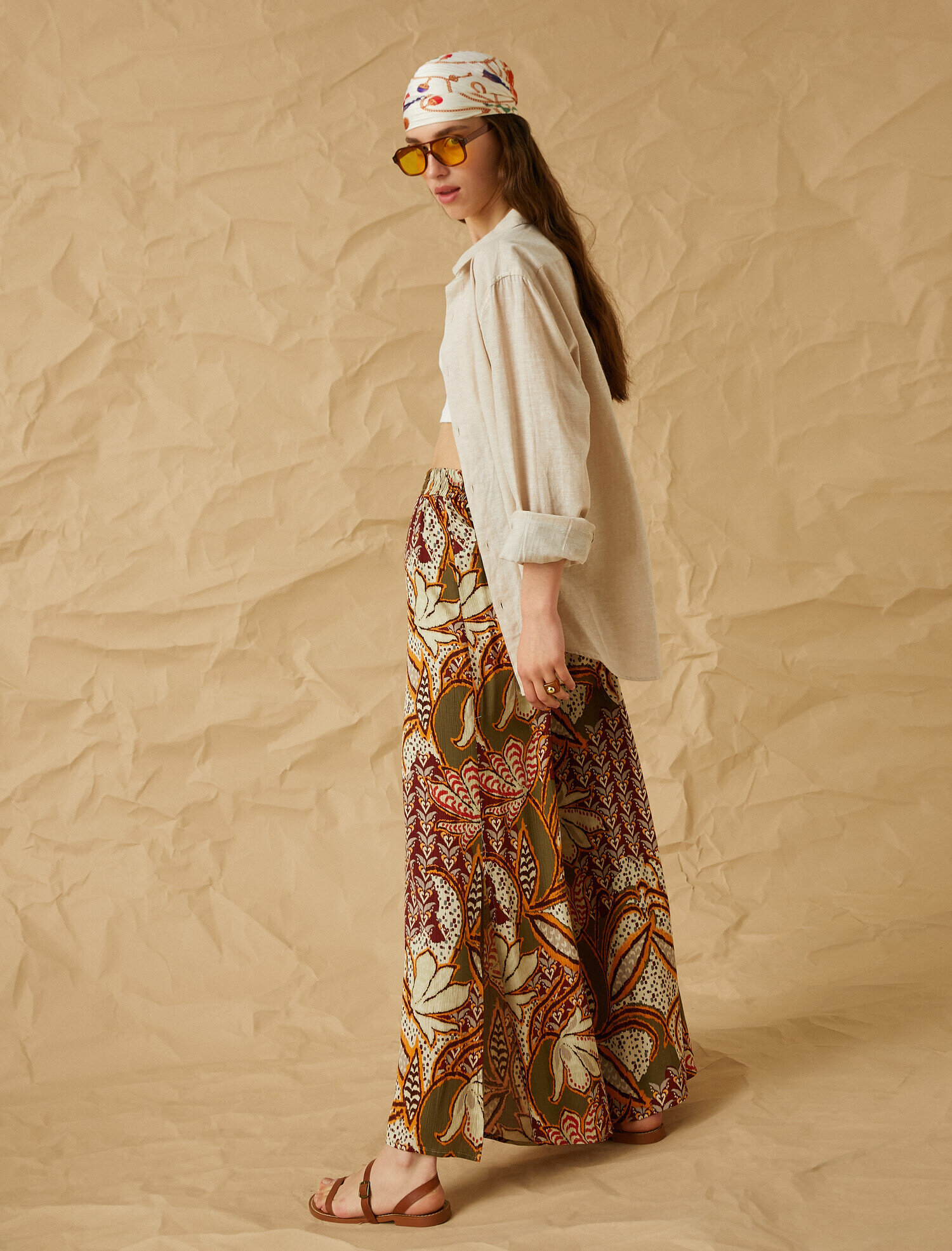   Yüksek Bel Desenli Bol Paçalı Pantolon