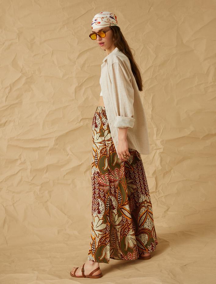  Yüksek Bel Desenli Bol Paçalı Pantolon