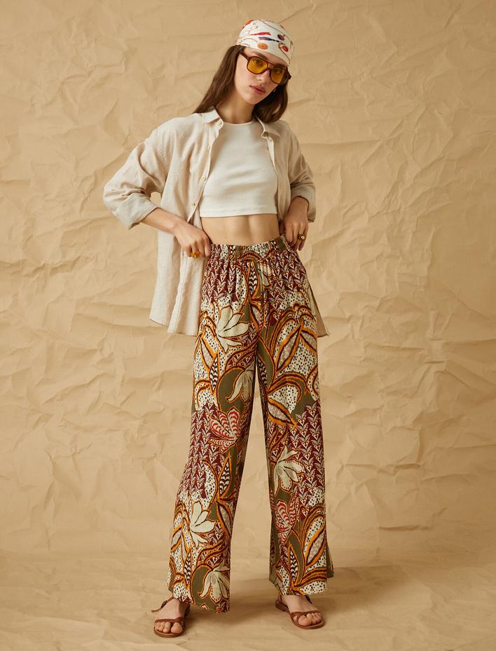  Yüksek Bel Desenli Bol Paçalı Pantolon