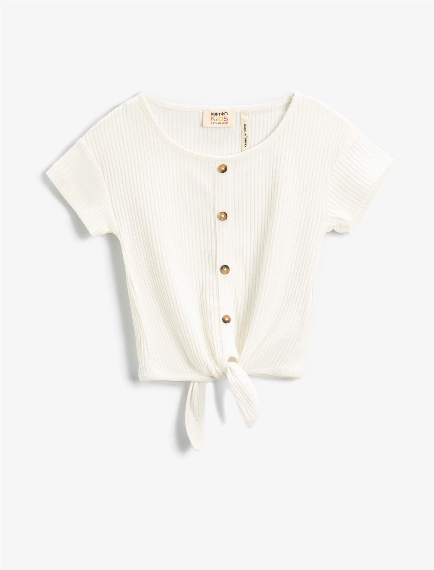  Kız Çocuk Bağlama Detaylı Dokulu Kısa Kollu Tişört Pamuklu