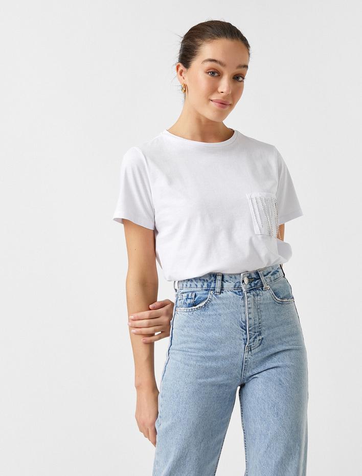  Bisiklet Yaka Kısa Kollu Zincir Detaylı Tişört