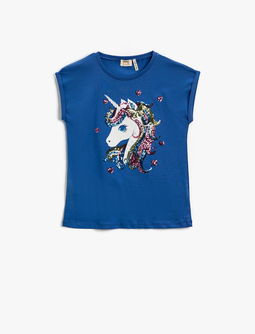  Kız Çocuk Unicorn Baskılı Kısa Kollu Tişört Pamuklu