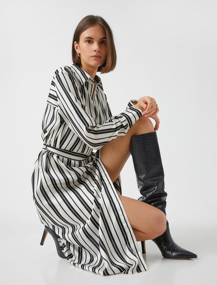  Kemer Detaylı Çizgili Elbise