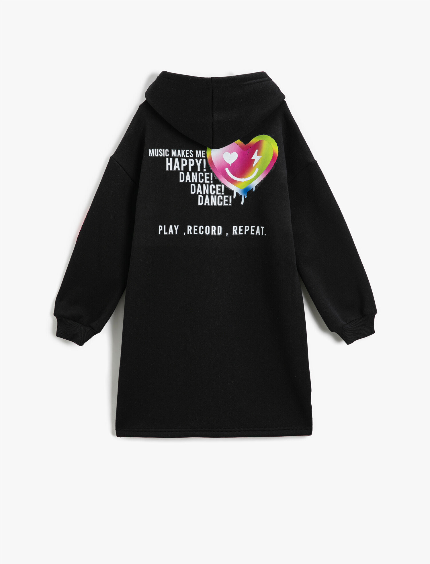  Kız Çocuk Baskılı Kapüşonlu Sweat Elbise Kol Detaylı