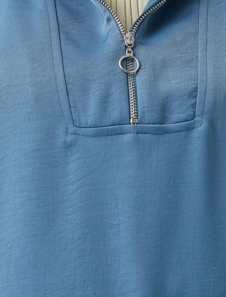   Yarım Fermuarlı Bluz Uzun Kollu Saten Görünümlü