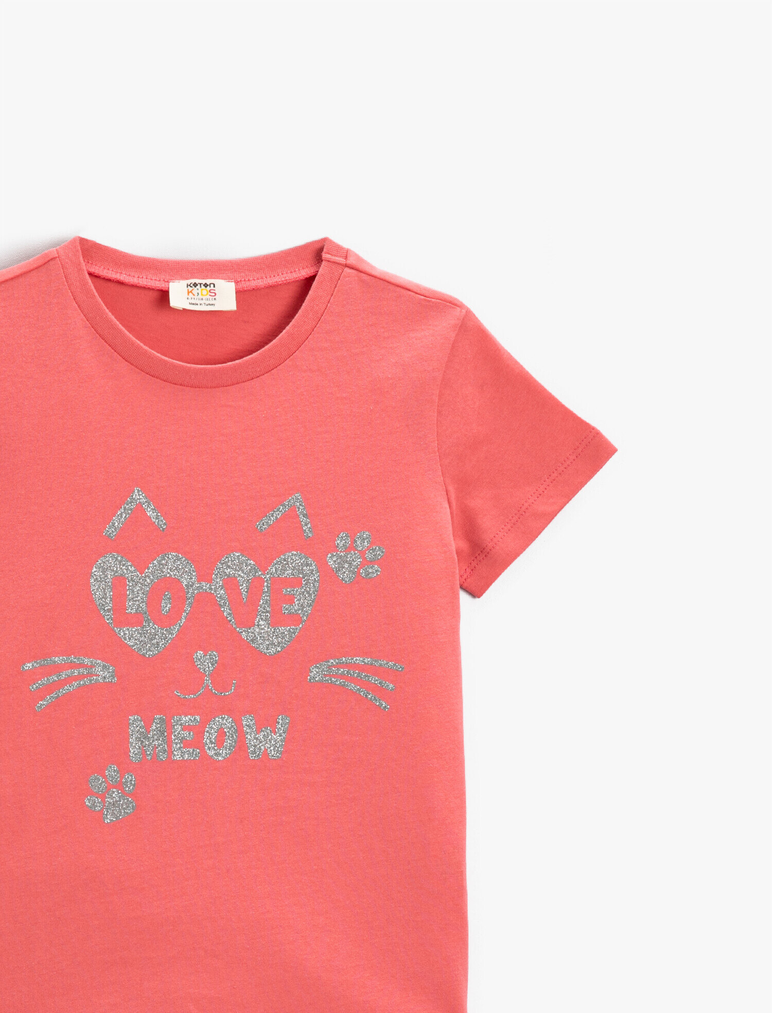  Kız Çocuk Kedi Baskılı Kısa Kollu Tişört Pamuklu Bisiklet Yaka