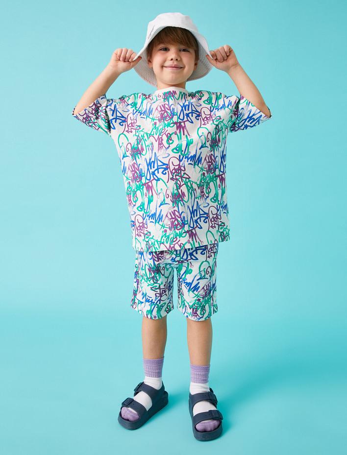 Erkek Çocuk Grafiti Baskılı Şort Pamuklu Beli Bağcıklı