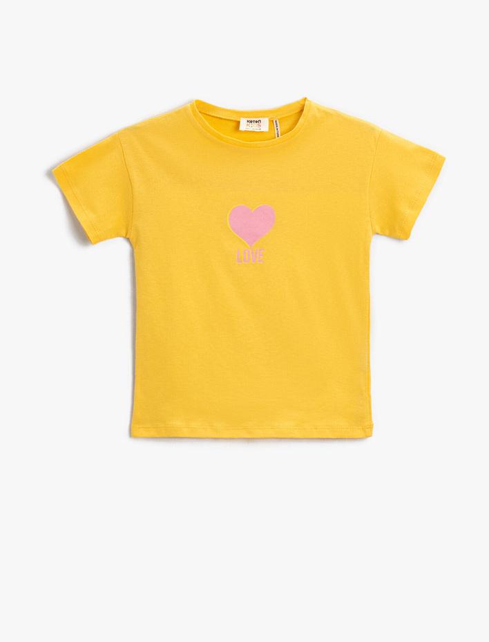 Kız Çocuk Kalp Baskılı Kısa Kollu Tişört Pamuklu