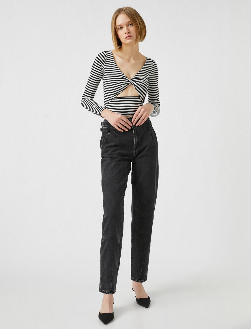   Yüksek Bel Plili Kot Pantolon - Balloon Fit Jean