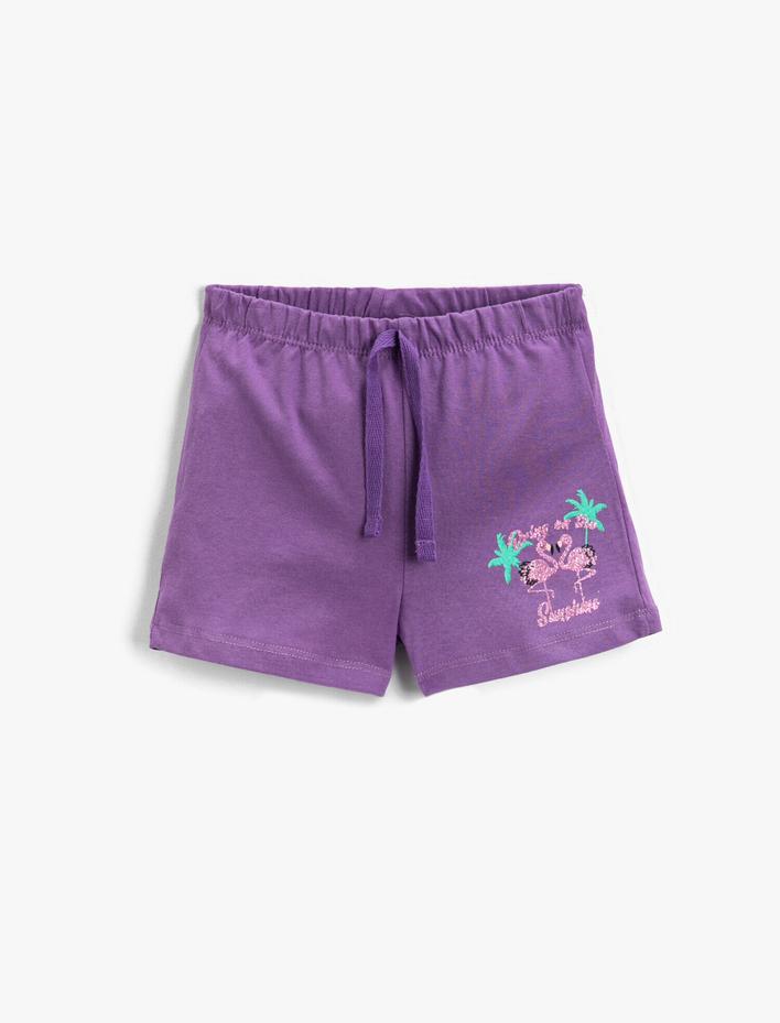 Kız Çocuk Şort Pamuklu Beli Bağcıklı Flamingo Baskılı