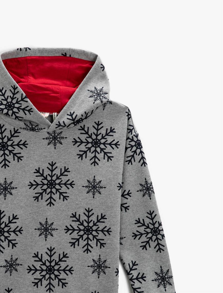 Erkek Çocuk Kar Tanesi Baskılı Kapüşonlu Sweatshirt Uzun Kollu