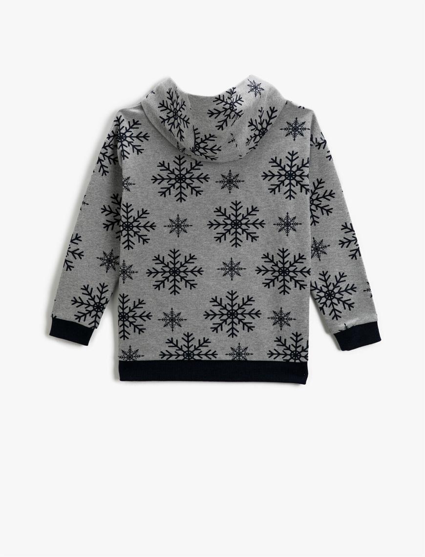  Erkek Çocuk Kar Tanesi Baskılı Kapüşonlu Sweatshirt Uzun Kollu