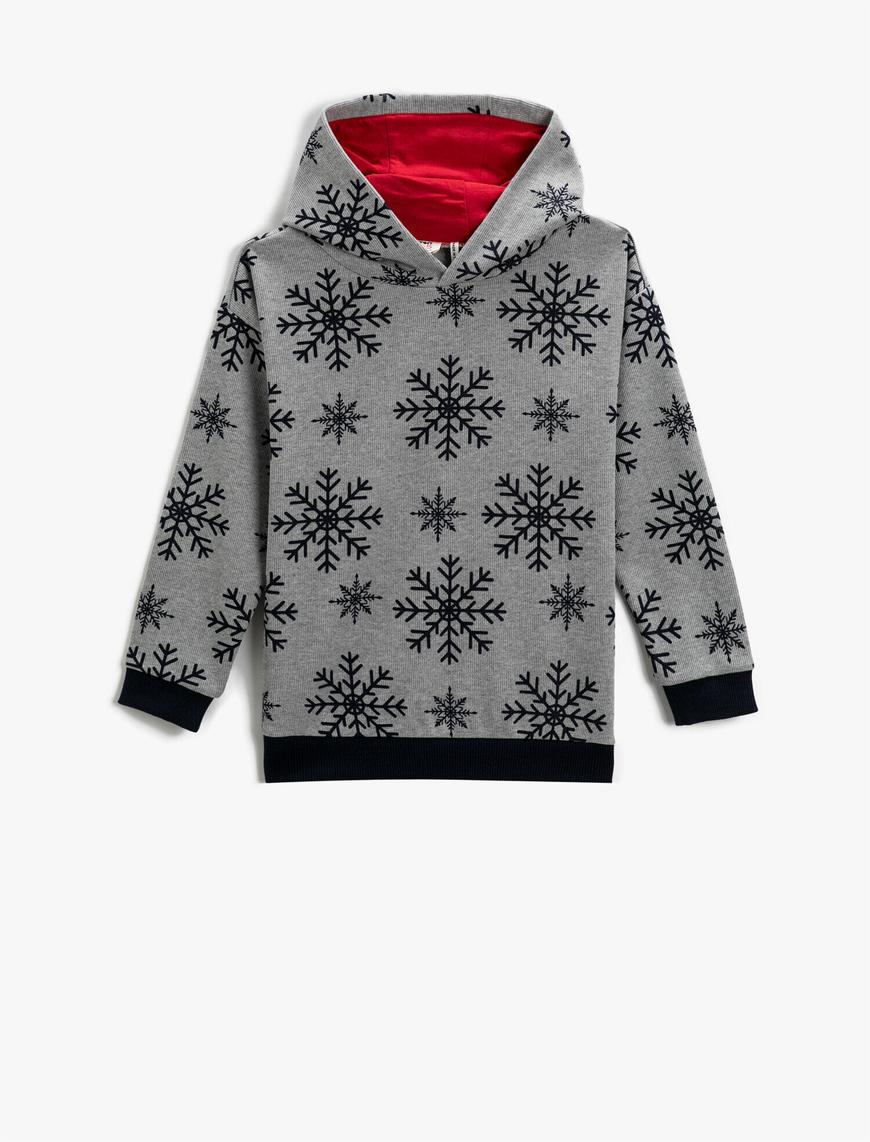  Erkek Çocuk Kar Tanesi Baskılı Kapüşonlu Sweatshirt Uzun Kollu