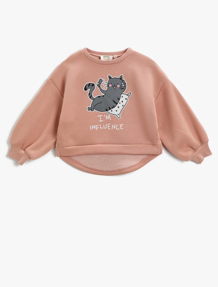 Kız Çocuk Kedi Baskılı Balon Kollu Sweatshirt Bisiklet Yaka