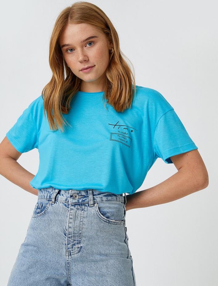  Bisiklet Yaka Kısa Kollu Baskılı Tişört