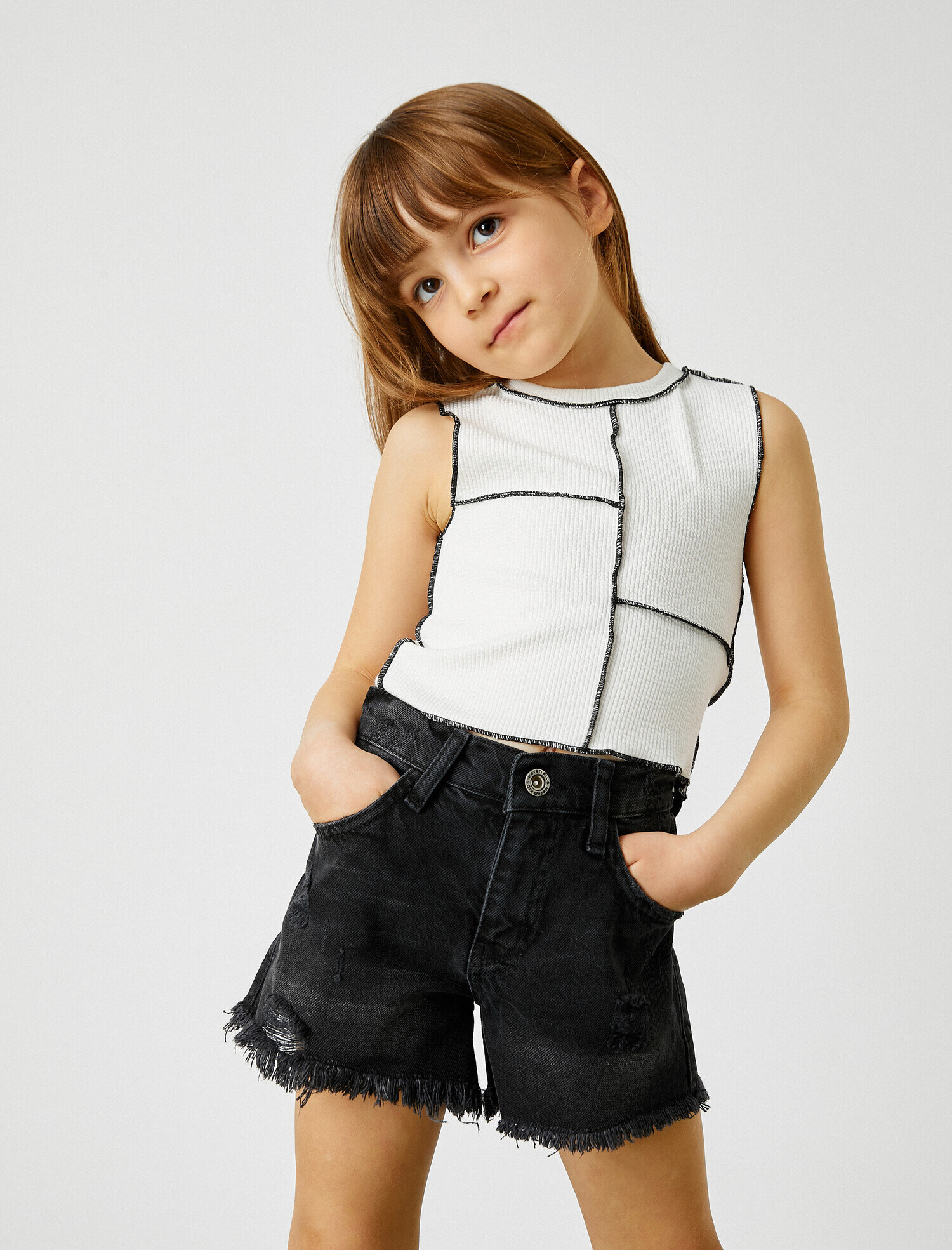  Kız Çocuk Crop Atlet Süs Dikişli Bloklu