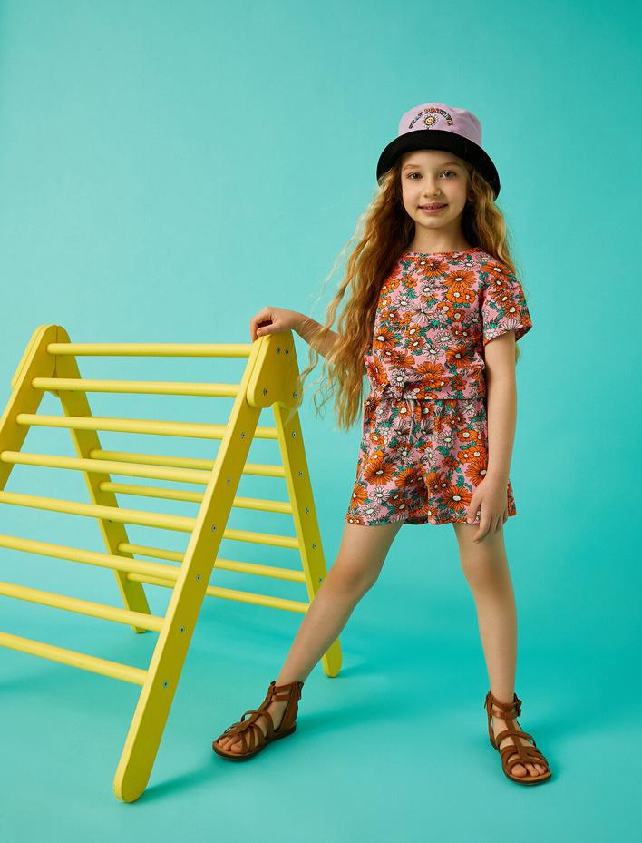 Kız Çocuk Çiçekli Beli Bağcıklı Şort Pamuklu