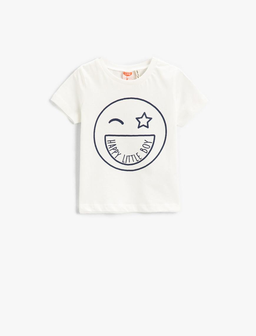  Erkek Bebek Gülen Emoji Baskılı Kısa Kollu Tişört Pamuklu