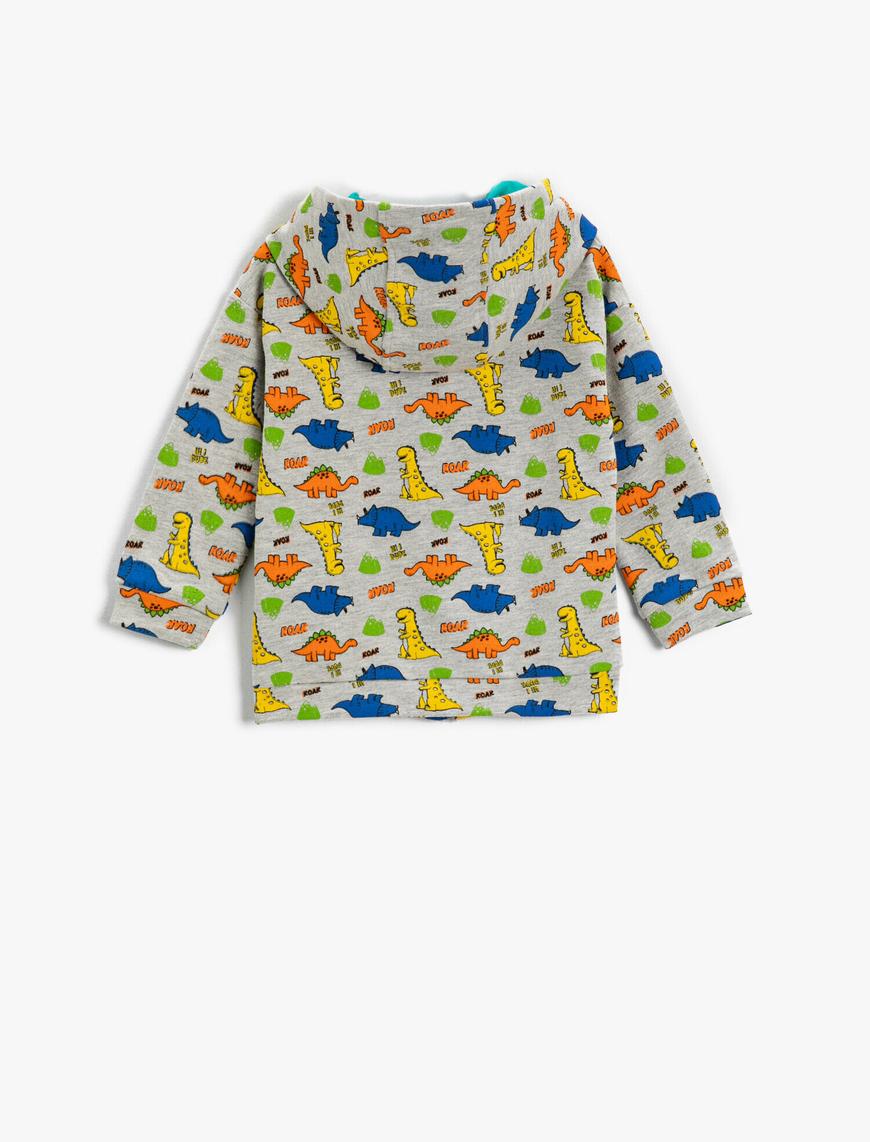  Erkek Bebek Dinozor Baskılı Kapşonlu Sweatshirt Fermuarlı