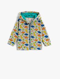 Dinozor Baskılı Kapşonlu Sweatshirt Fermuarlı