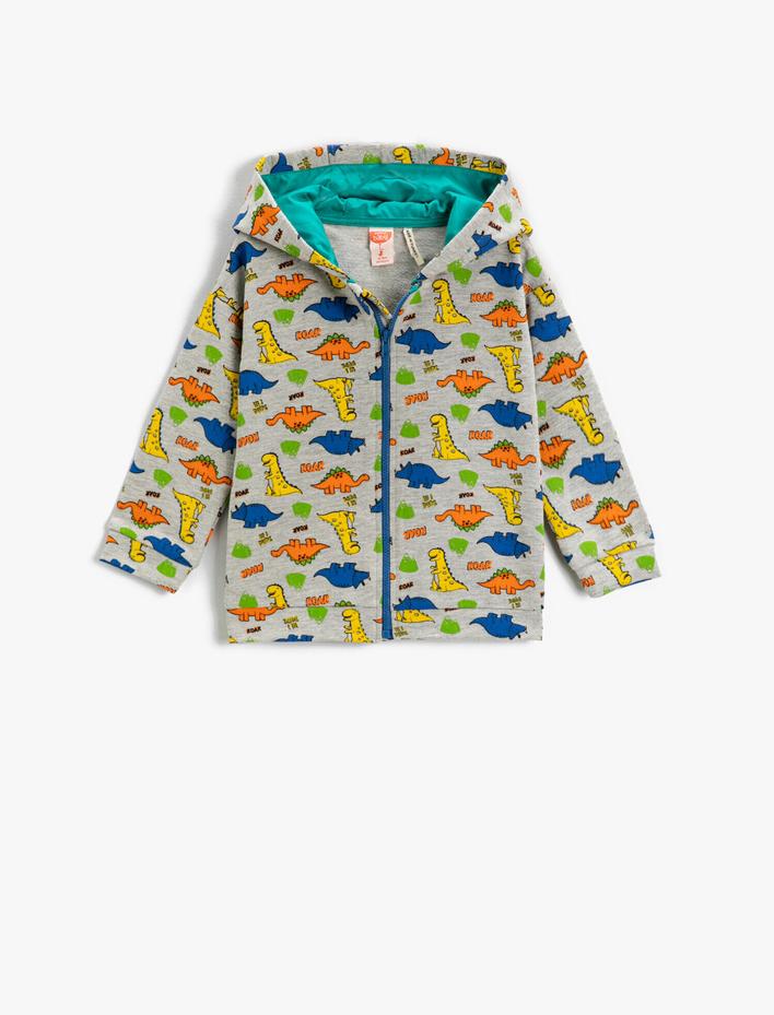 Erkek Bebek Dinozor Baskılı Kapşonlu Sweatshirt Fermuarlı