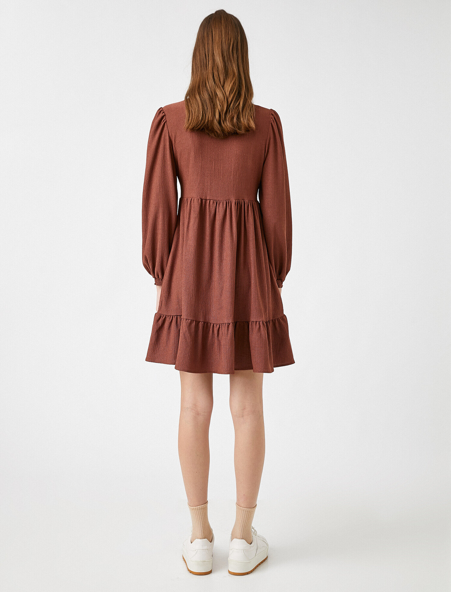   Uzun Kollu V Yaka Fırfırlı Elbise