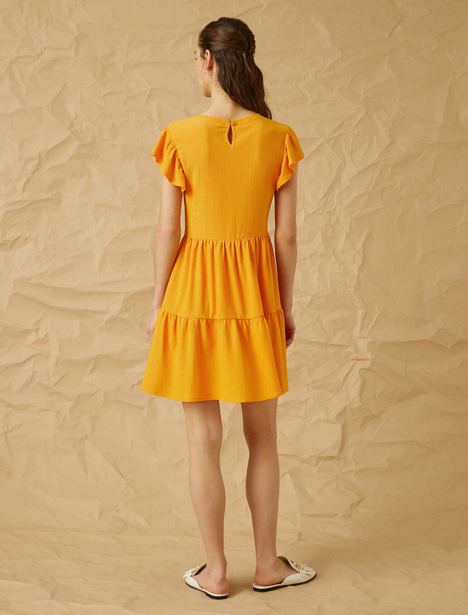   Bisiklet Yaka Fırfırlı Kısa Kollu Elbise