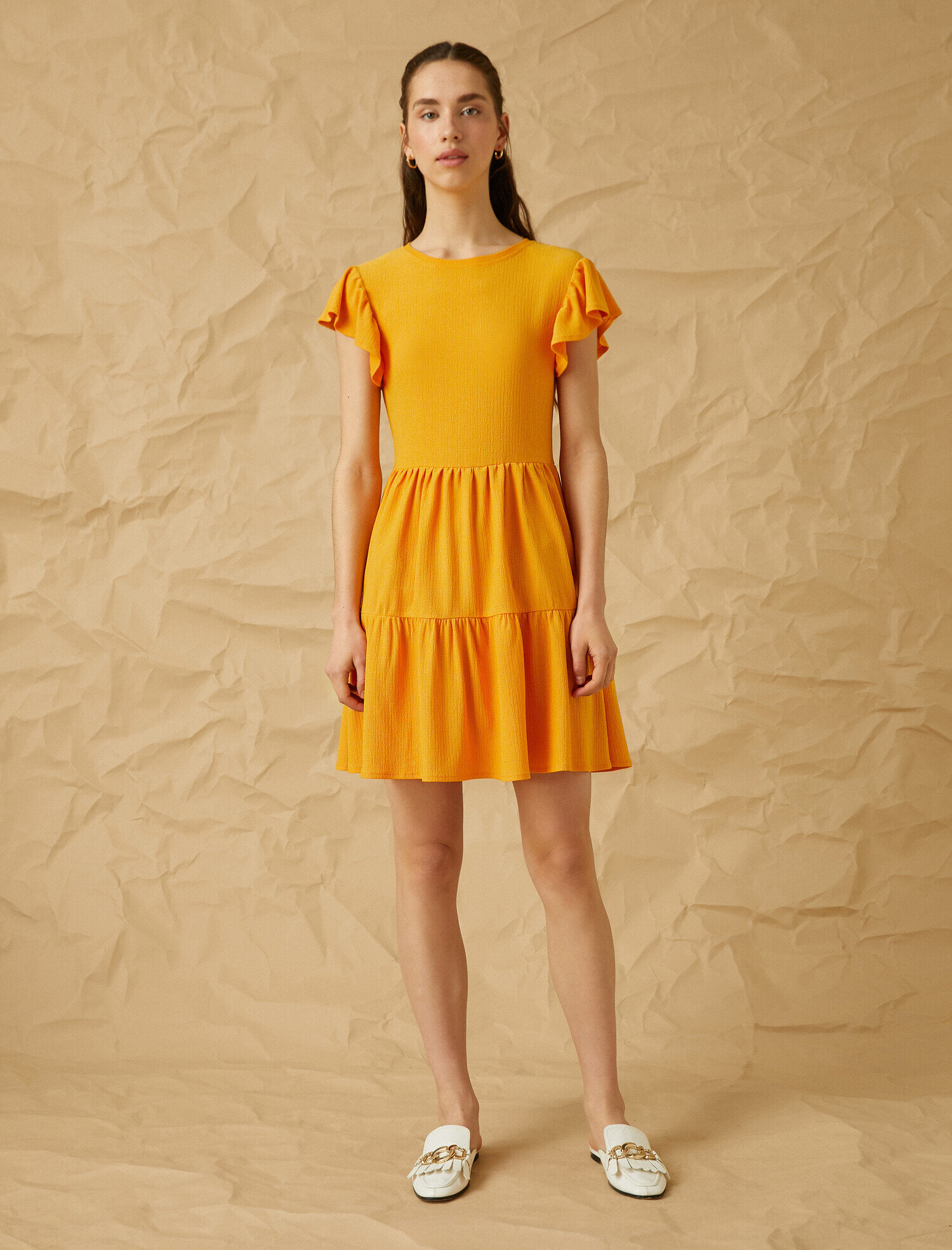   Bisiklet Yaka Fırfırlı Kısa Kollu Elbise