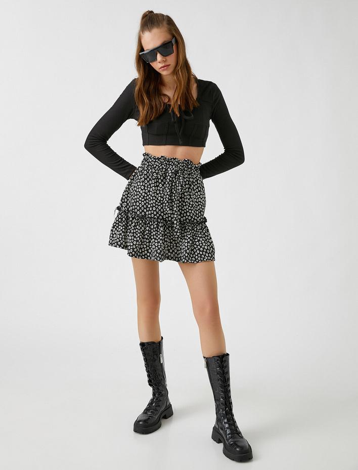  Çiçekli Fırfırlı Mini Etek