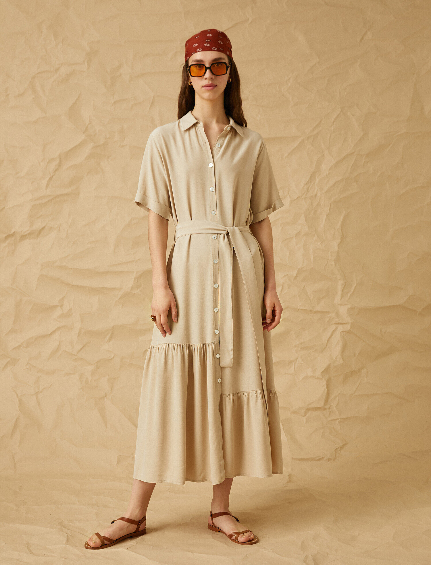   Kısa Kollu Viskon Elbise Beli Bağlamalı Düğmeli