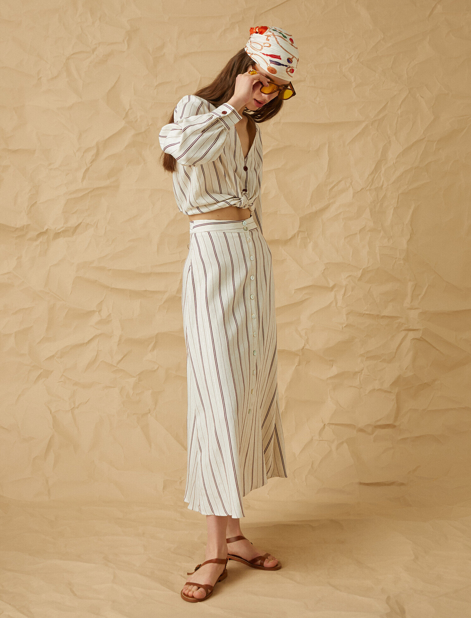   Düğmeli Midi Etek Keten Karışımlı