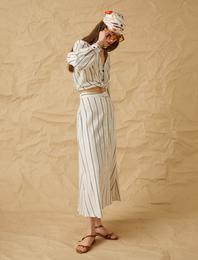 Düğmeli Midi Etek Keten Karışımlı