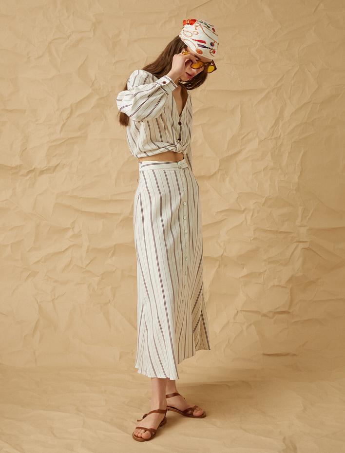  Düğmeli Midi Etek Keten Karışımlı