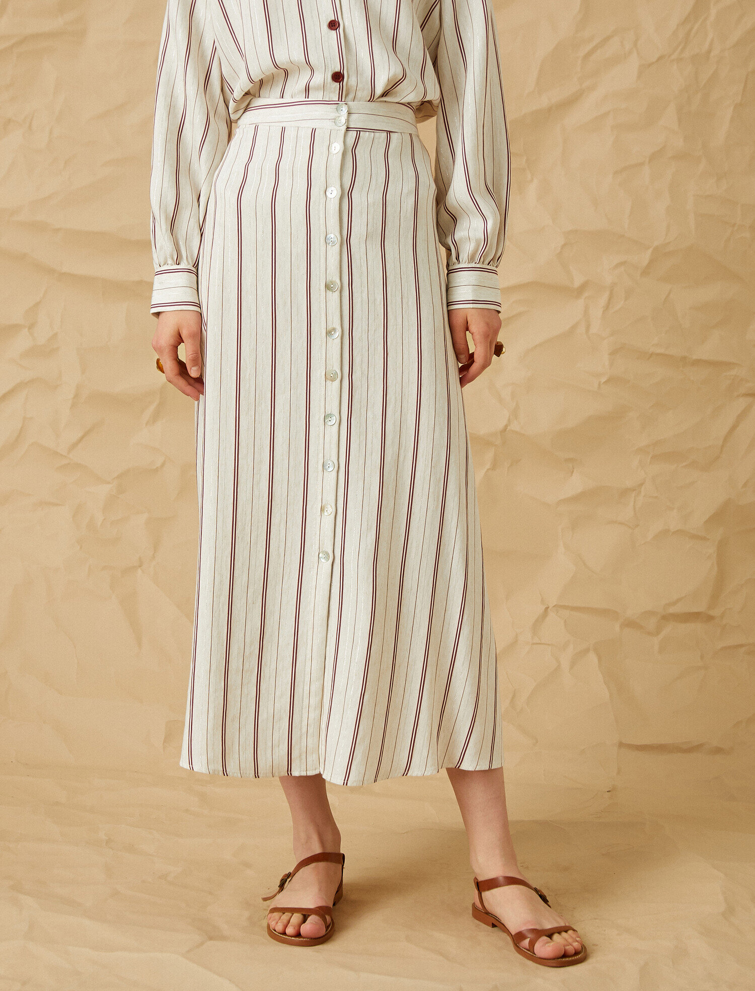   Düğmeli Midi Etek Keten Karışımlı