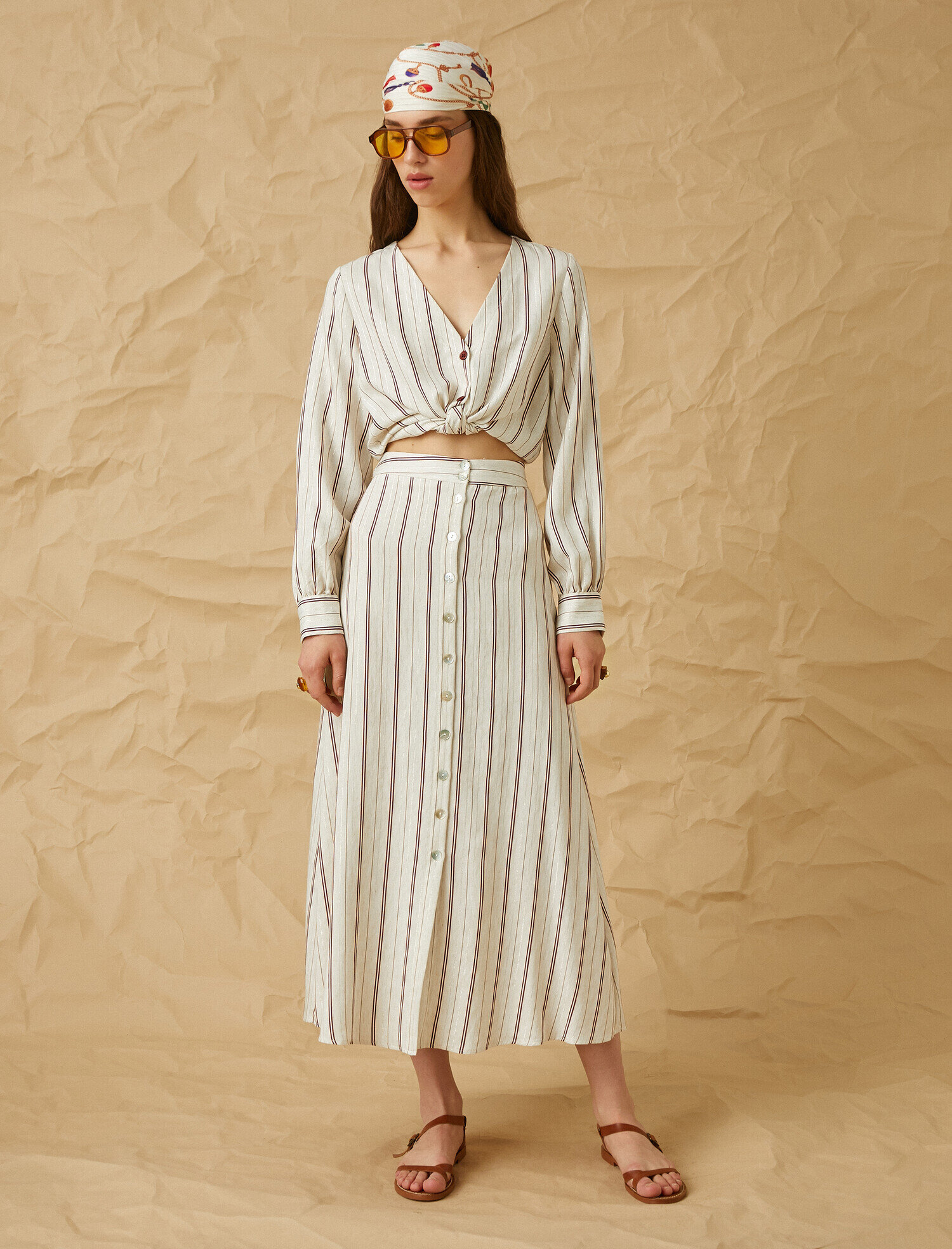   Düğmeli Midi Etek Keten Karışımlı