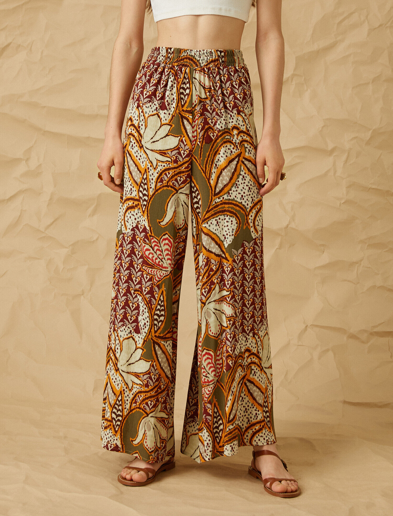   Yüksek Bel Desenli Bol Paçalı Pantolon