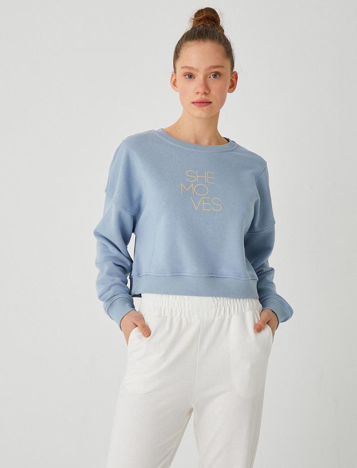  Bisiklet Yaka Baskılı Spor Sweatshirt