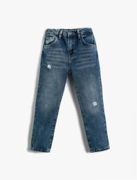 Kot Pantolon Destroylu Pamuklu Cepli - Straight Jean