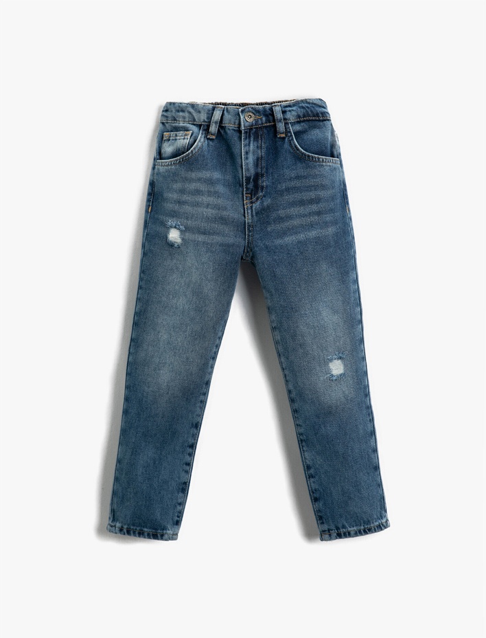 Kız Çocuk Kot Pantolon Destroylu Pamuklu Cepli - Straight Jean