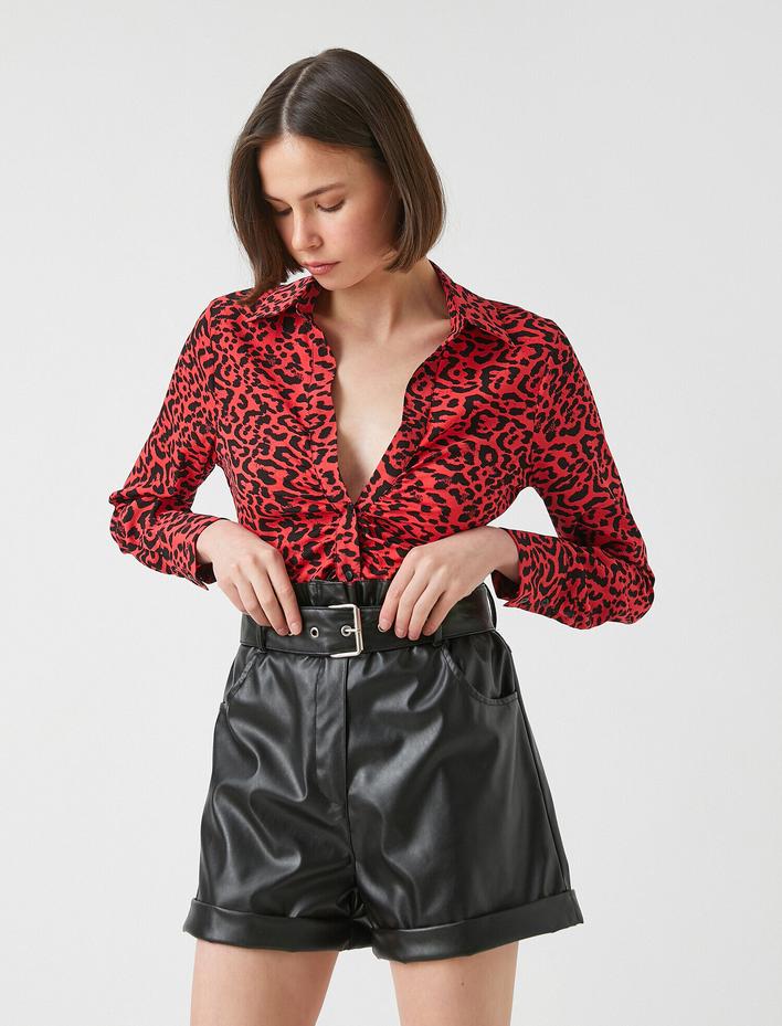  Uzun Kollu Leopar Desenli Gömlek