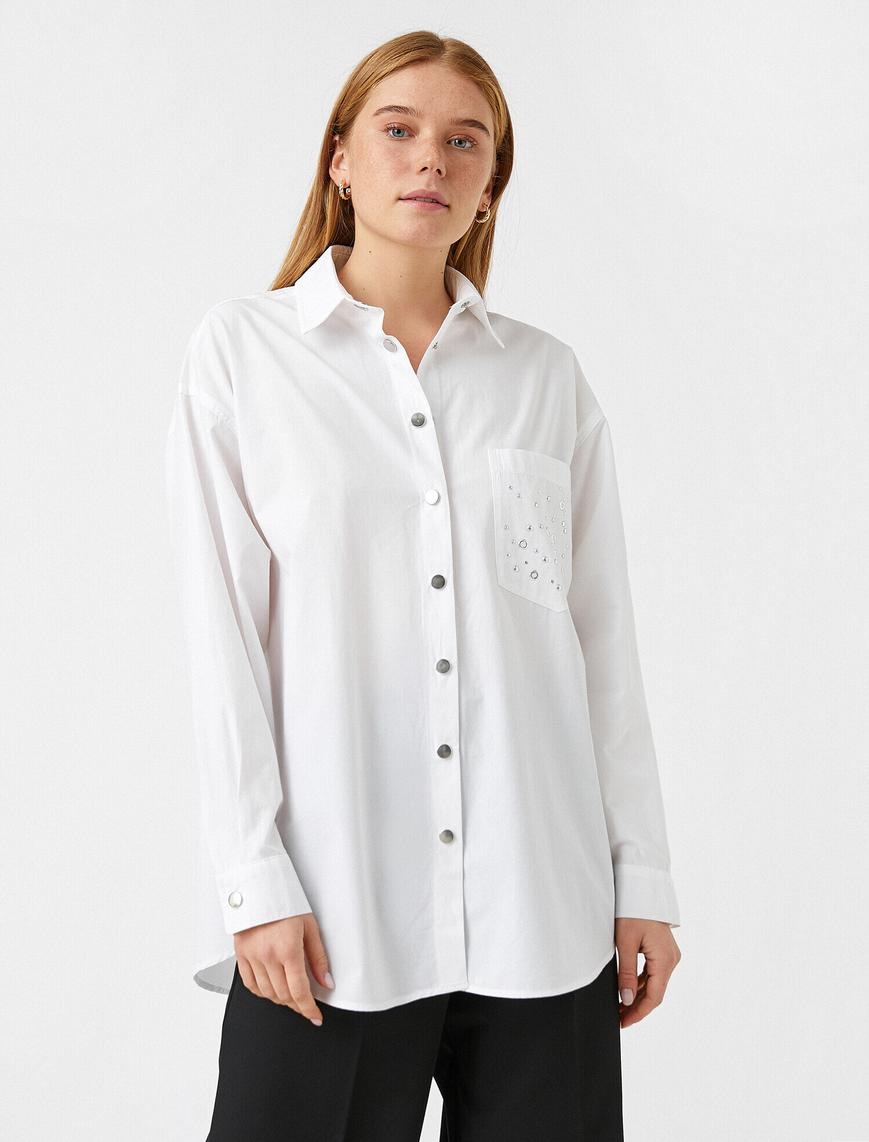   Metal İşlemeli Oversize Poplin Gömlek