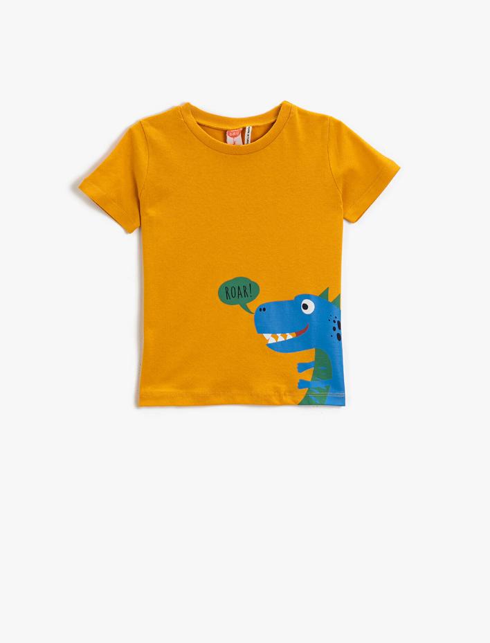 Erkek Bebek Dinozor Baskılı Kısa Kollu Tişört Pamuklu