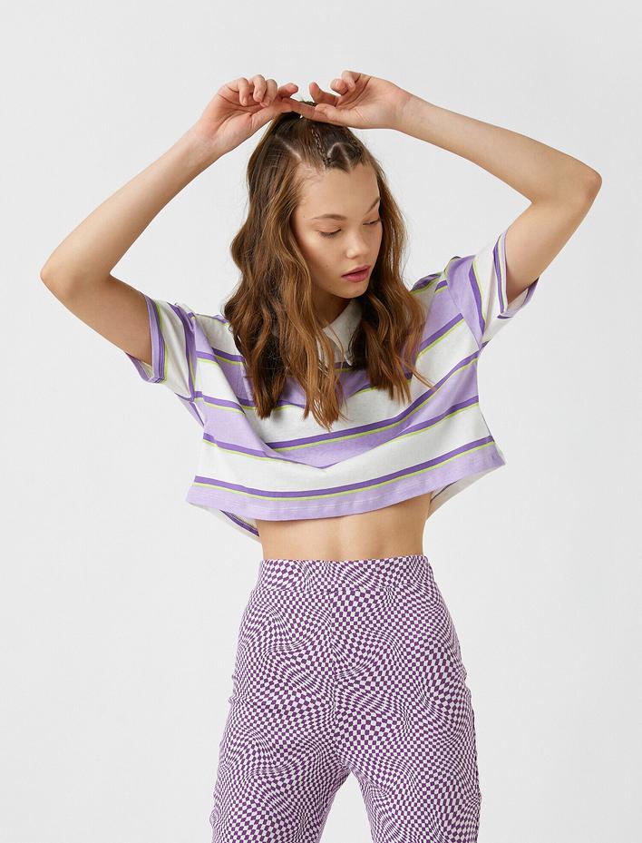  Çizgili Crop Kısa Kollu Tişört