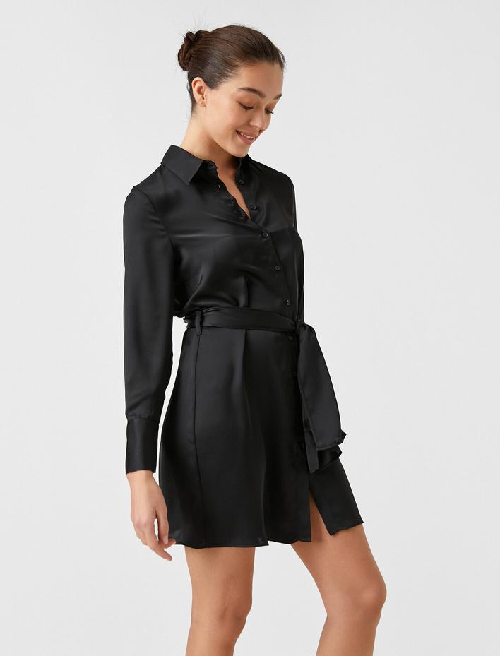  Uzun Kollu Beli Bağlamalı Gömlek Elbise