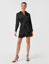 Uzun Kollu Beli Bağlamalı Gömlek Elbise