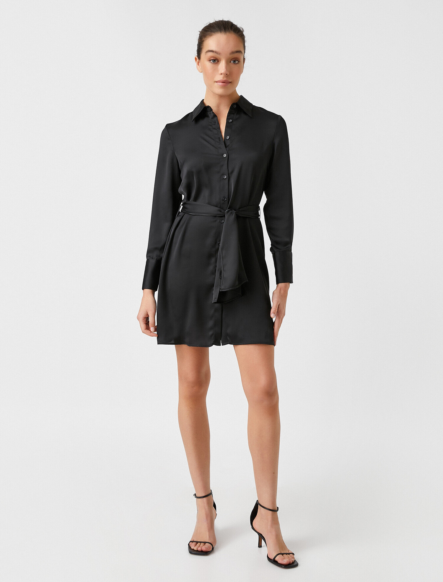   Uzun Kollu Beli Bağlamalı Gömlek Elbise