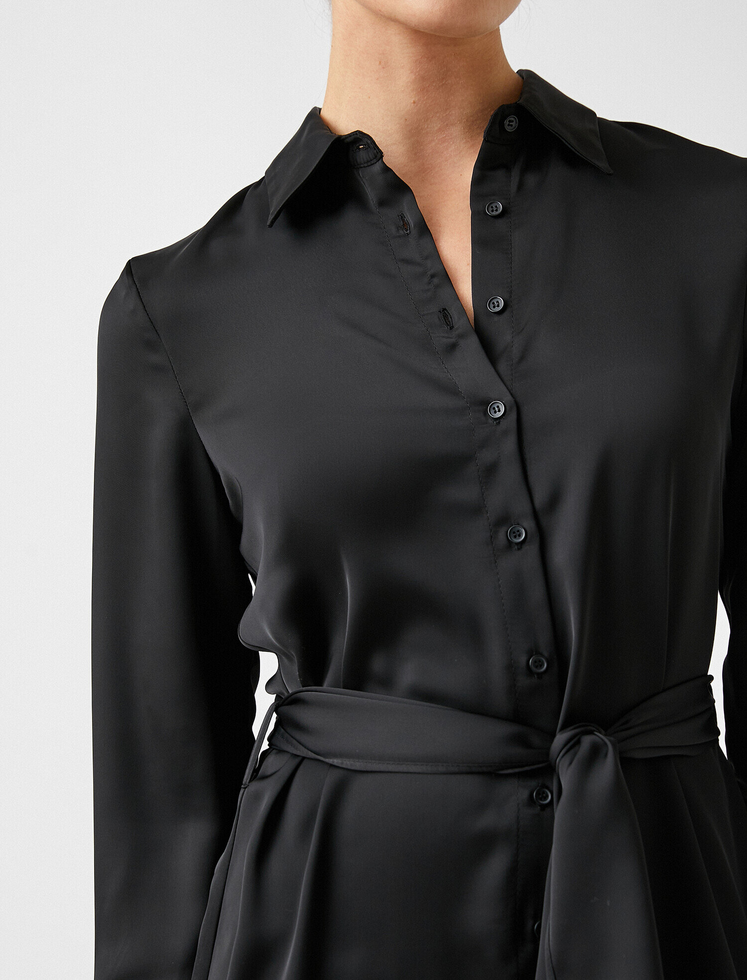   Uzun Kollu Beli Bağlamalı Gömlek Elbise