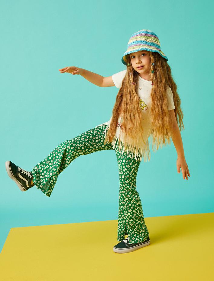 Kız Çocuk Yırtmaç Detaylı Çiçekli Pantolon