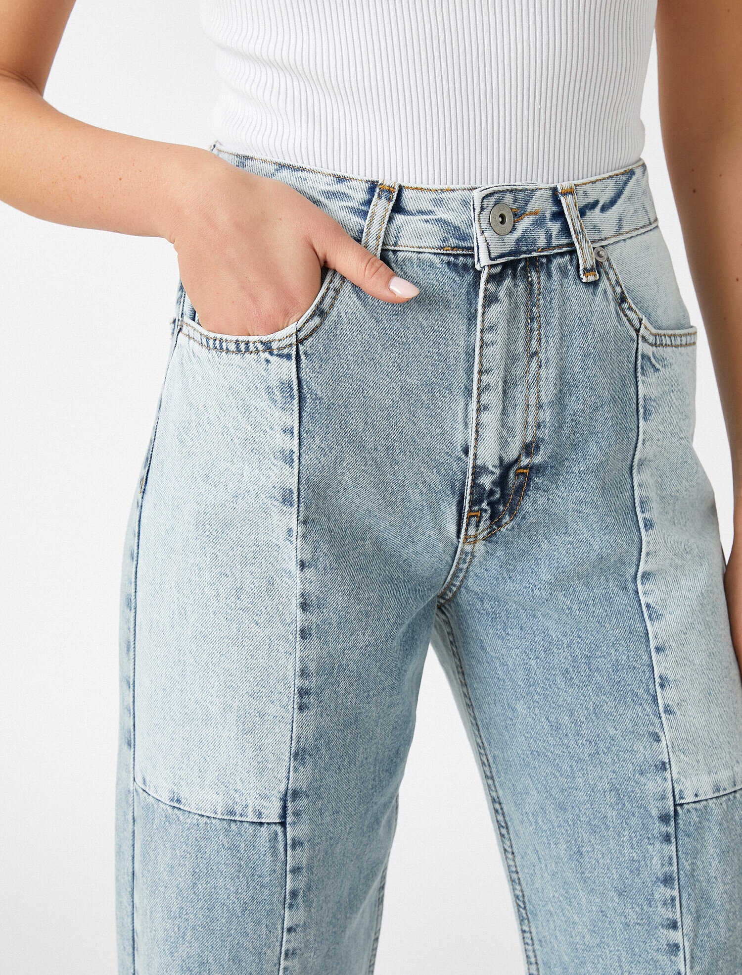 Koton Yüksek Bel Bloklu Kot Pantolon - Longer Straight Fit Jean. 6
