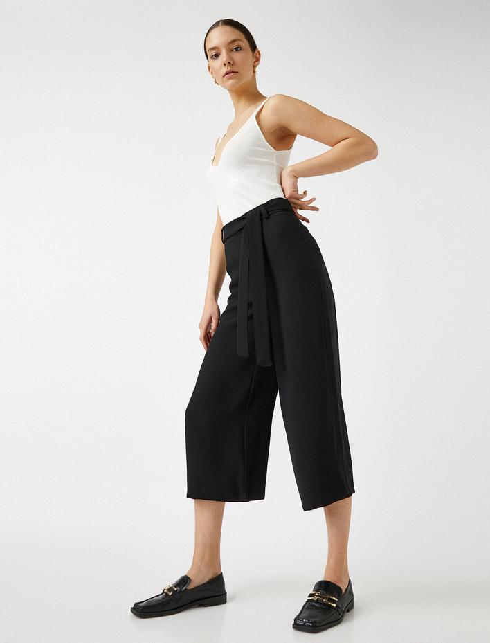  Beli Bağlamalı Bol Paça Crop Pantolon